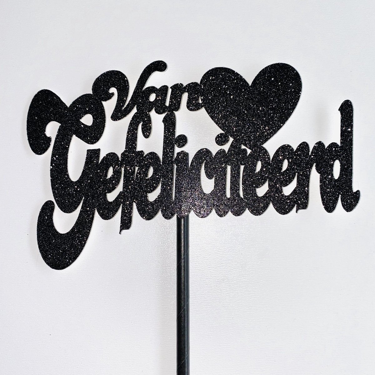 Taarttopper| Cake topper |Gefeliciteerd| Verjaardag| Hart |Zwart glitter|16 cm| karton